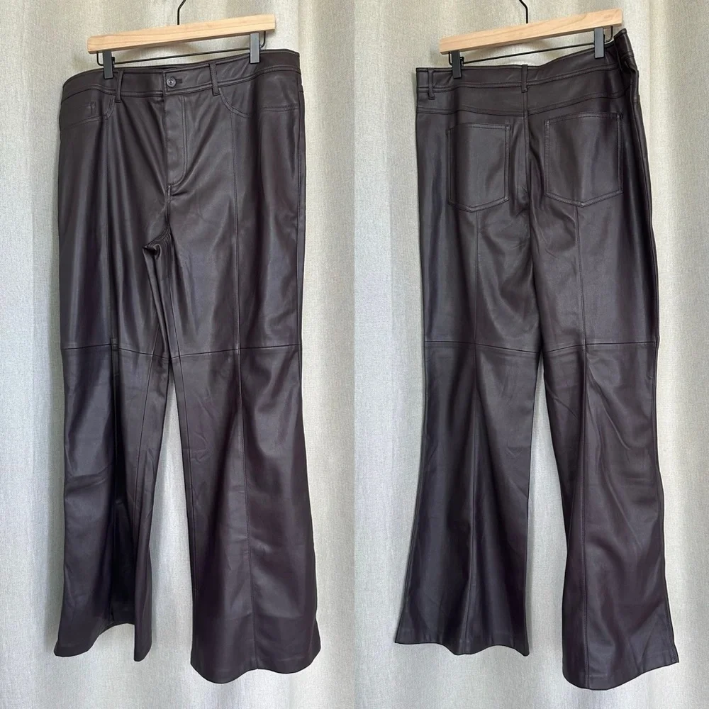 Mango NWT Faux Leather Purple Wine Wide High Waist Flare Pants EU 46 US L (14)